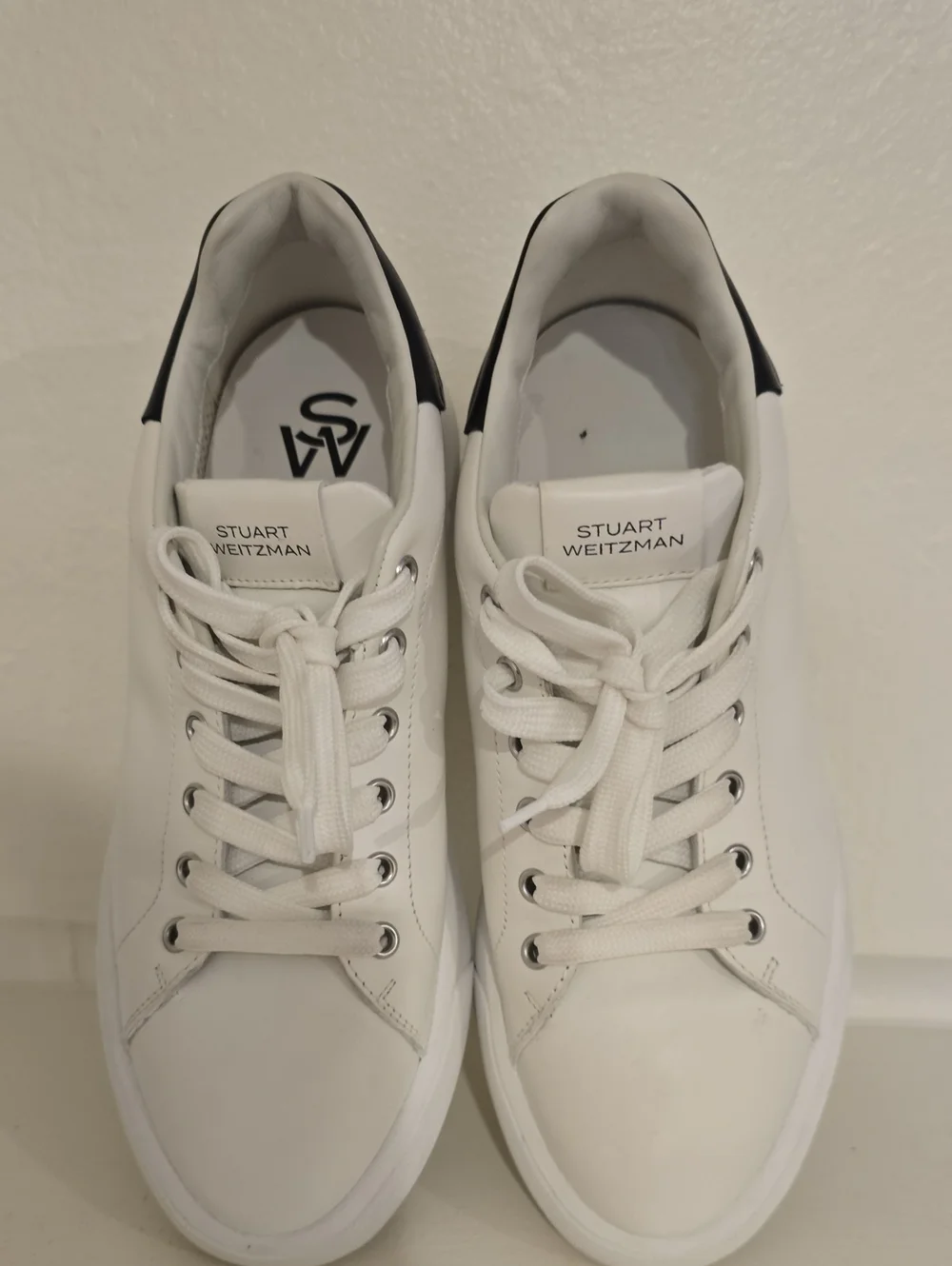 Stuart Weitzman White Leather Sneakers with Black Heel Accent